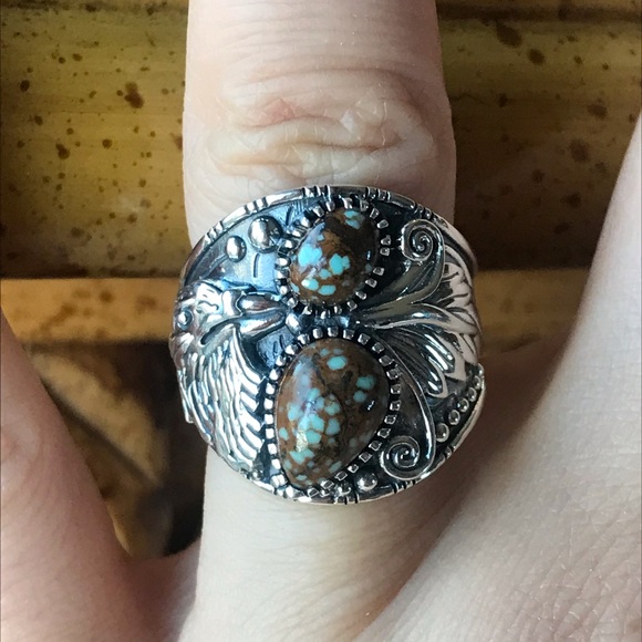 Natural Turquoise Sterling Silver Eagle Ring - Picture 1 of 10